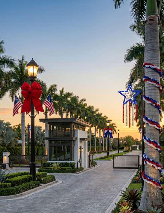 Palm trees lit in red, white, and blue at an HOA community entrance